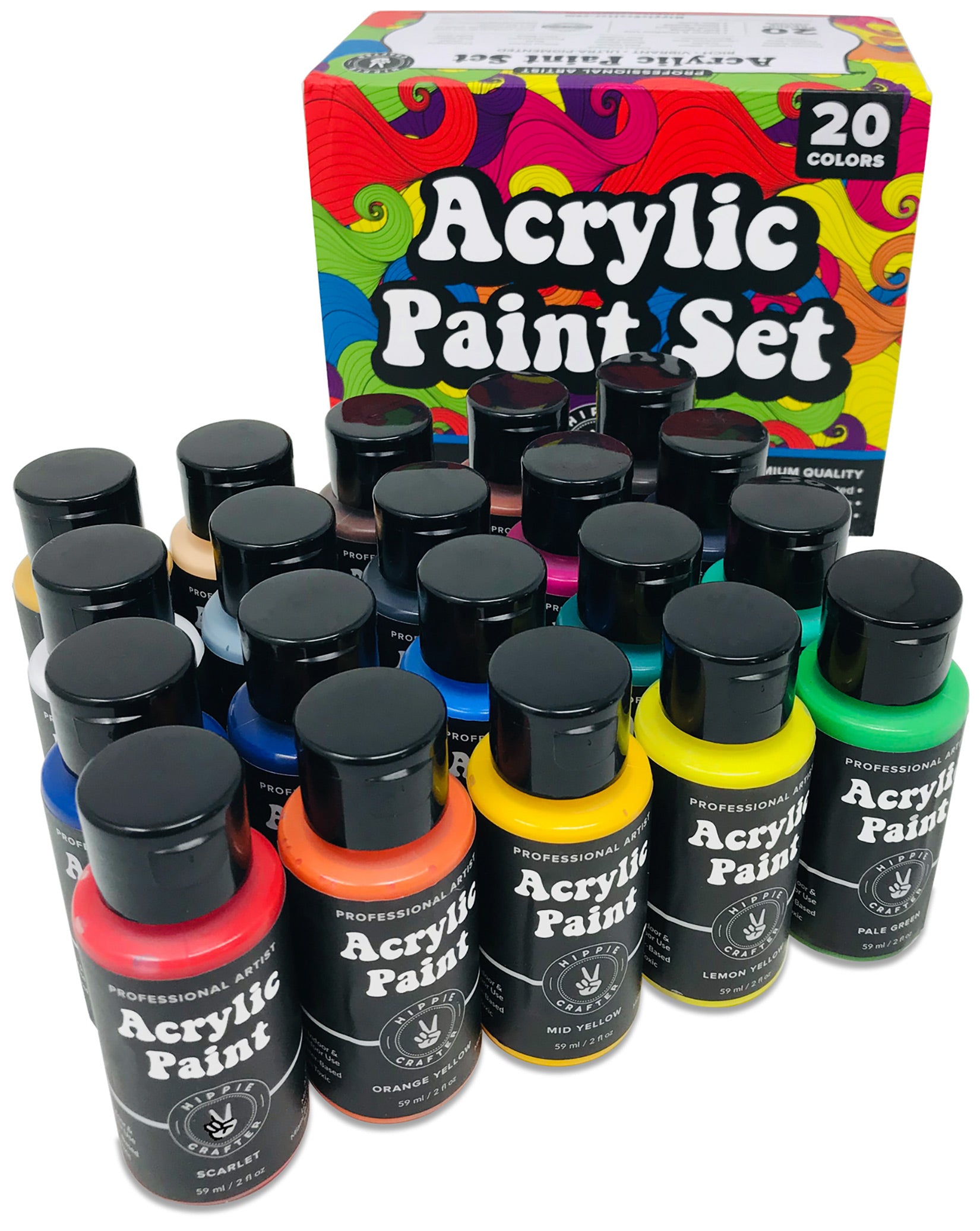 Hippie Crafter Craft Paint Acrylic Premium Acrylic Paint Set 20 Colors Paint Acrylic | Canvas Paint Ceramic Outdoor Wood Clay Glass Rock Painting 2oz