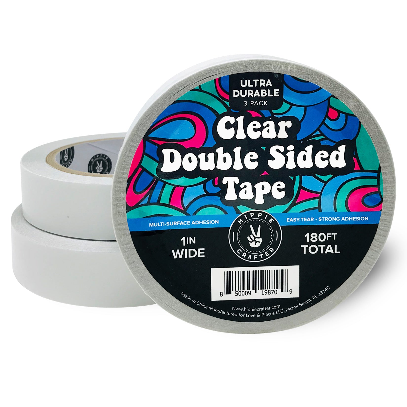3 Pk Clear Double Sided Tape 1 inch Wide Heavy Duty Adhesive 2 Sided Strong Duct Thin Tape - 3 Packs 1 by 60 Feet (180FT Total)