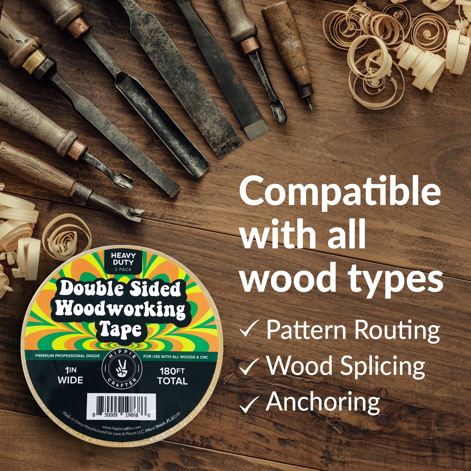 HC-WWTP-3 HIPPIE CRAFTER 3 Pk Double Stick Tape Double Sided Woodworking  Tape 1 inch Wide Wood Tape for Woodworkers CNC Machines Routing