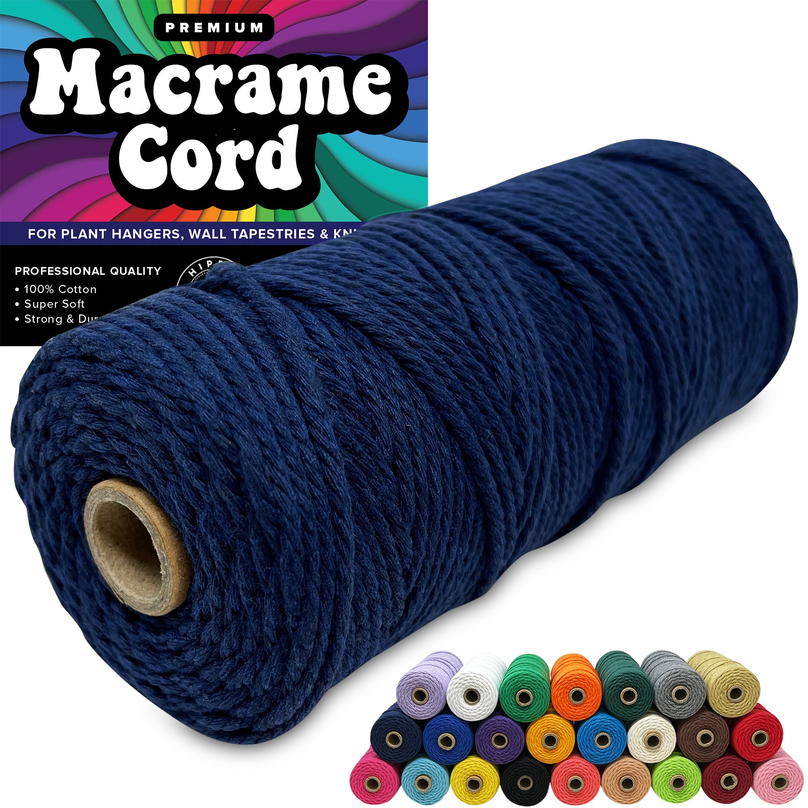 Navy Blue 100% Cotton Cord Rope for Macrame 3mm Natural and Colored Craft String Yarn Materials 325 Feet, Size: Small