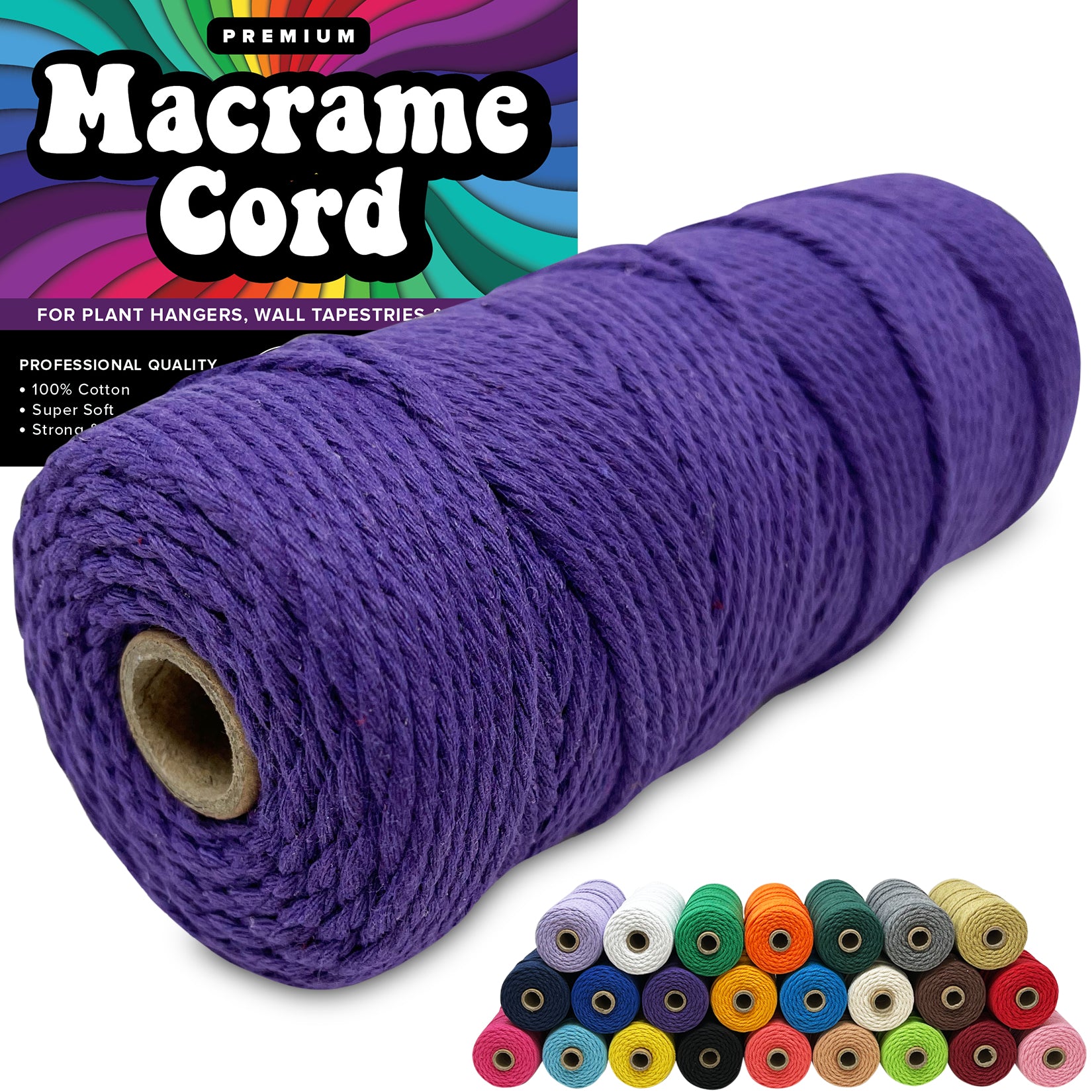 Purple 100% Cotton Cord Rope for Macrame 3mm Natural and Colored Craft String Yarn Materials 325 Feet, adult Unisex, Size: 3 mm